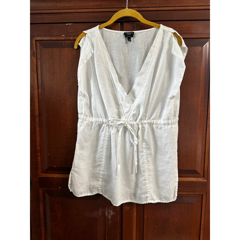 Talbots White Pure Irish Linen V-Neck Drawstring Waist Tunic Top Size 12
